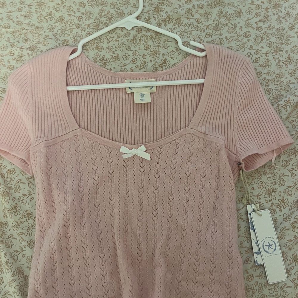 Pink Ribbed Knit Top with Bow Accent